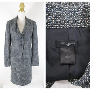 Ann Taylor Gray Cream Blue Tweed Skirt Suit